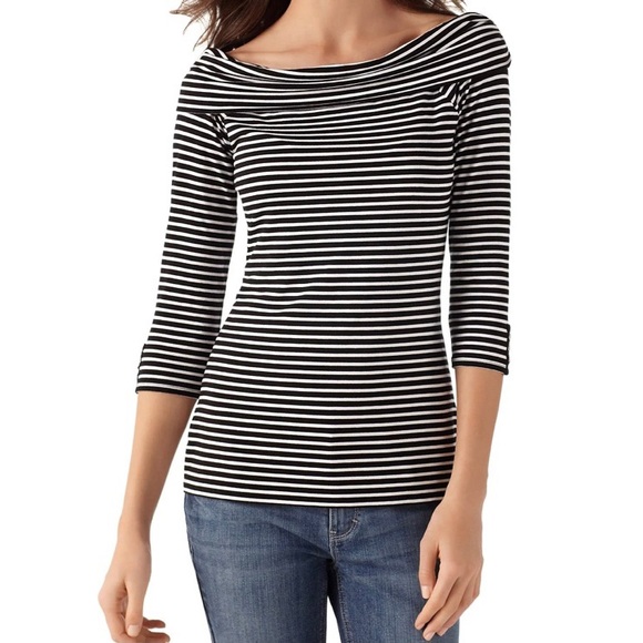 WHBM 3/4 Sleeve off the Shoulder Stripe Top - Picture 1 of 11